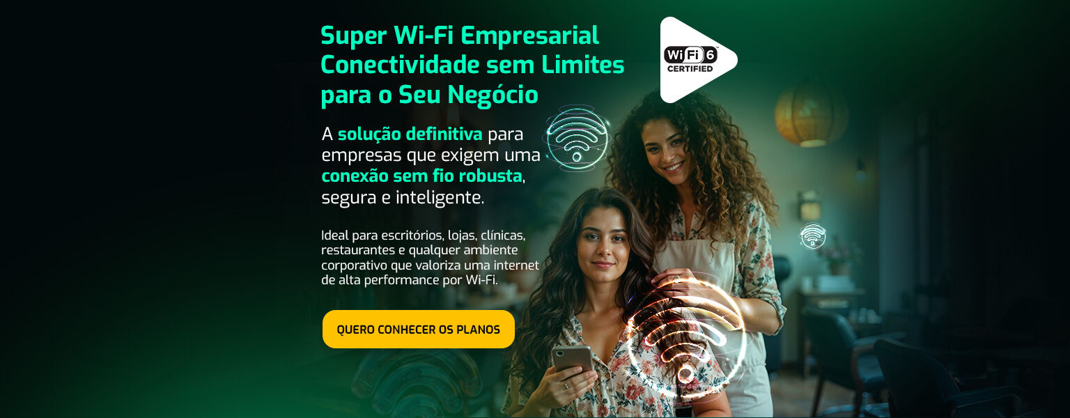 O Super Wi-fi é um serviço de instalação e manutenção de roteadores com Wi-Fi 6 em pontos estratégicos para ampliar o alcance, estabilidade e qualidade da rede sem fio (wi-fi)  da sua internet fibra contratada. VOCÊ E SUA CASA FICAM SEMPRE ON. Quero conhecer os planos