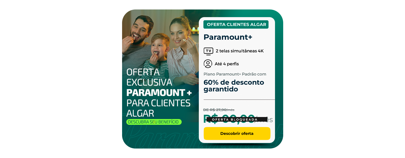 Assine o Paramount+ com 2 telas simultâneas, resolução FULL HD, podendo baixar para ver offline. Por apenas R$ 19,90 por mês.